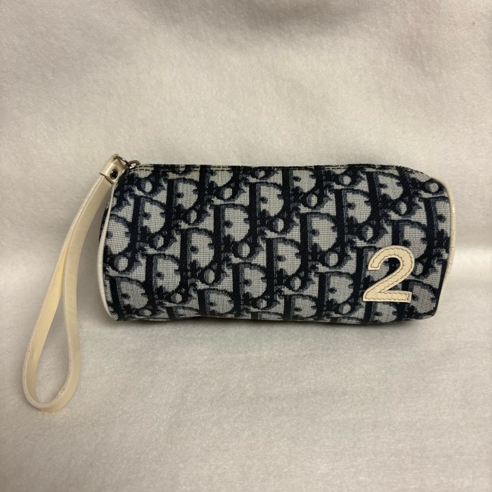 VTG CHRISTIAN DIOR Blue Trotter Canvas Barrel Wristlet Zipper Pouch